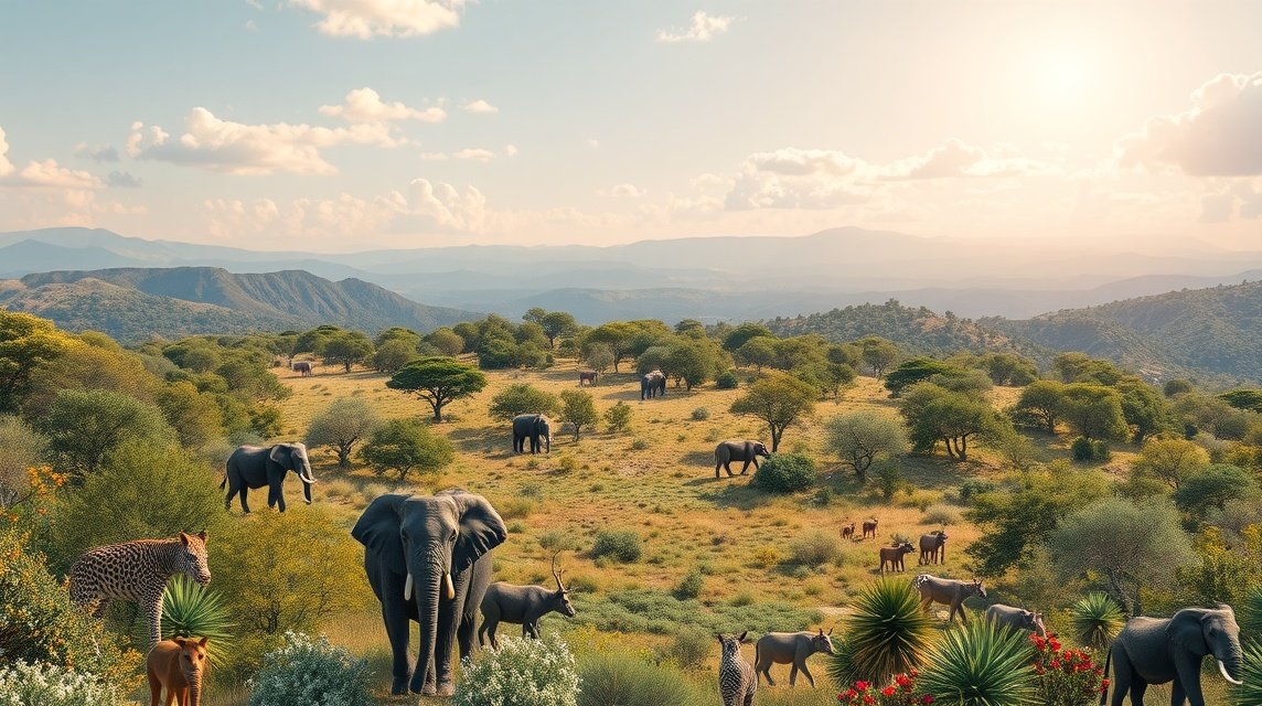 Erdő és szavanna élővilága, elefántok és más állatok jelenlétében.