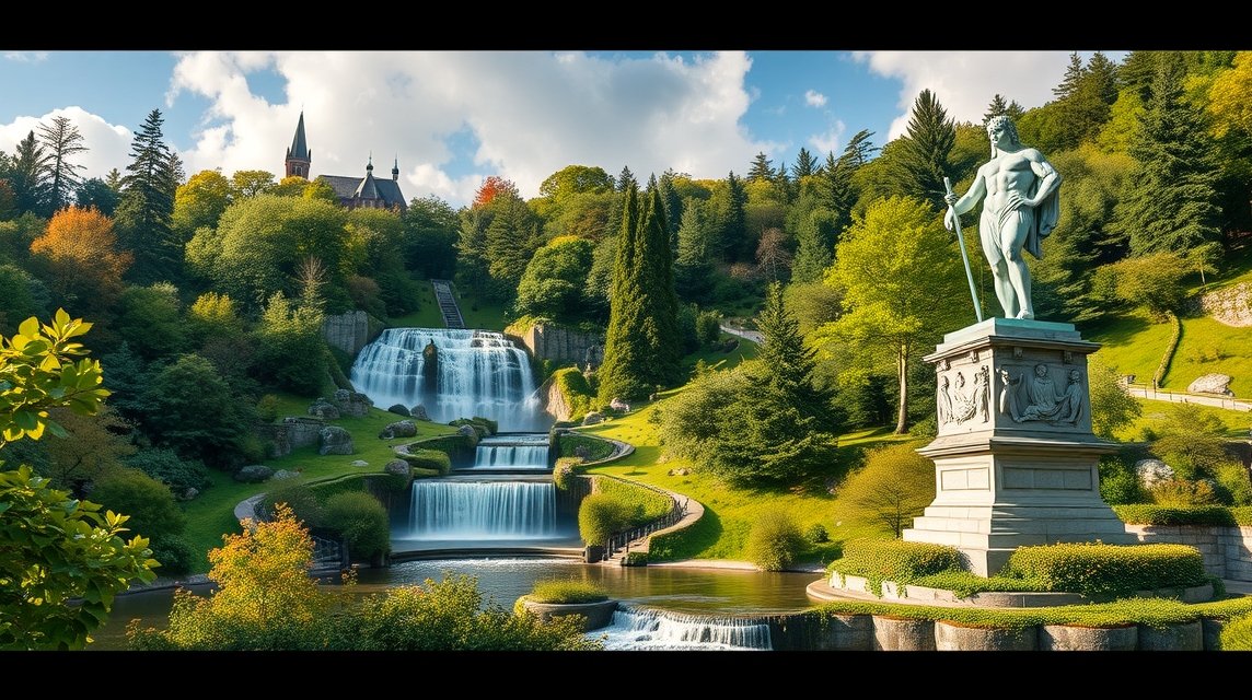 Bergpark Wilhelmshöhe vízesése és a Herkules-szobor Kasselben