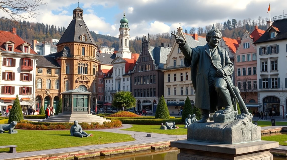 Bern város főterén található szobor és épületek