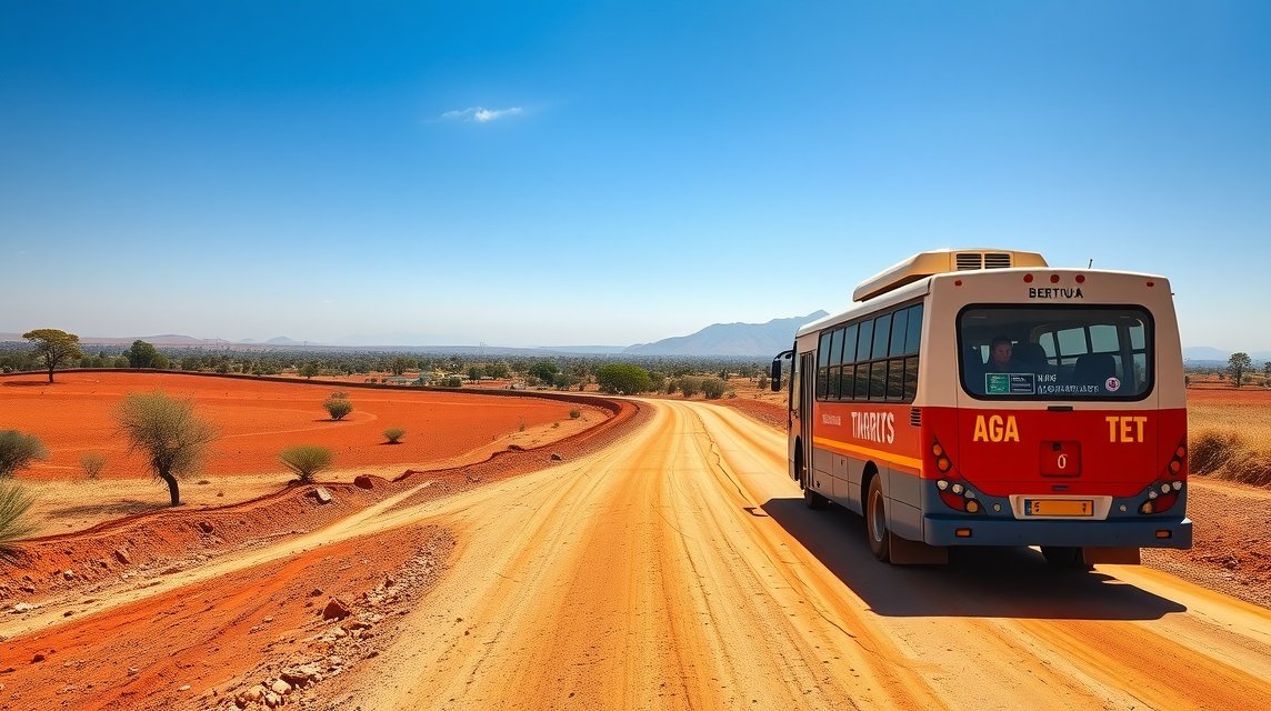 Busz közlekedés betonjárdán Bertouában, Kamerunban készült