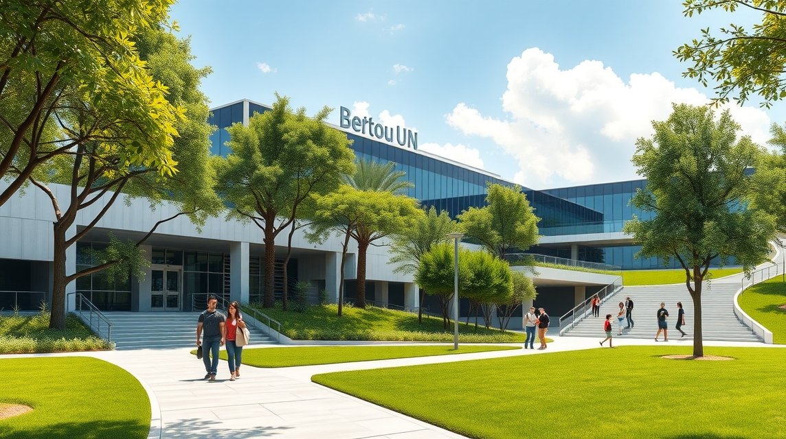 A Bertoua Egyetem modern kampusza zöld környezetben diákokkal.