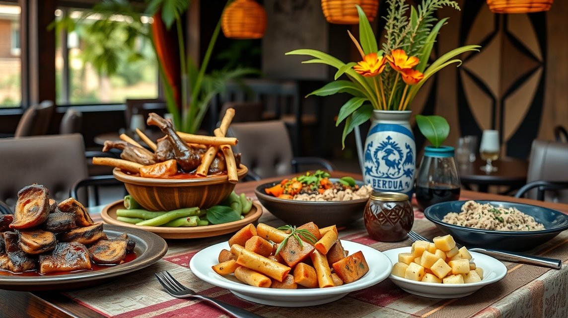 Bertoua ínycsiklandó vadhús és manióka ételek, gazdag színekben