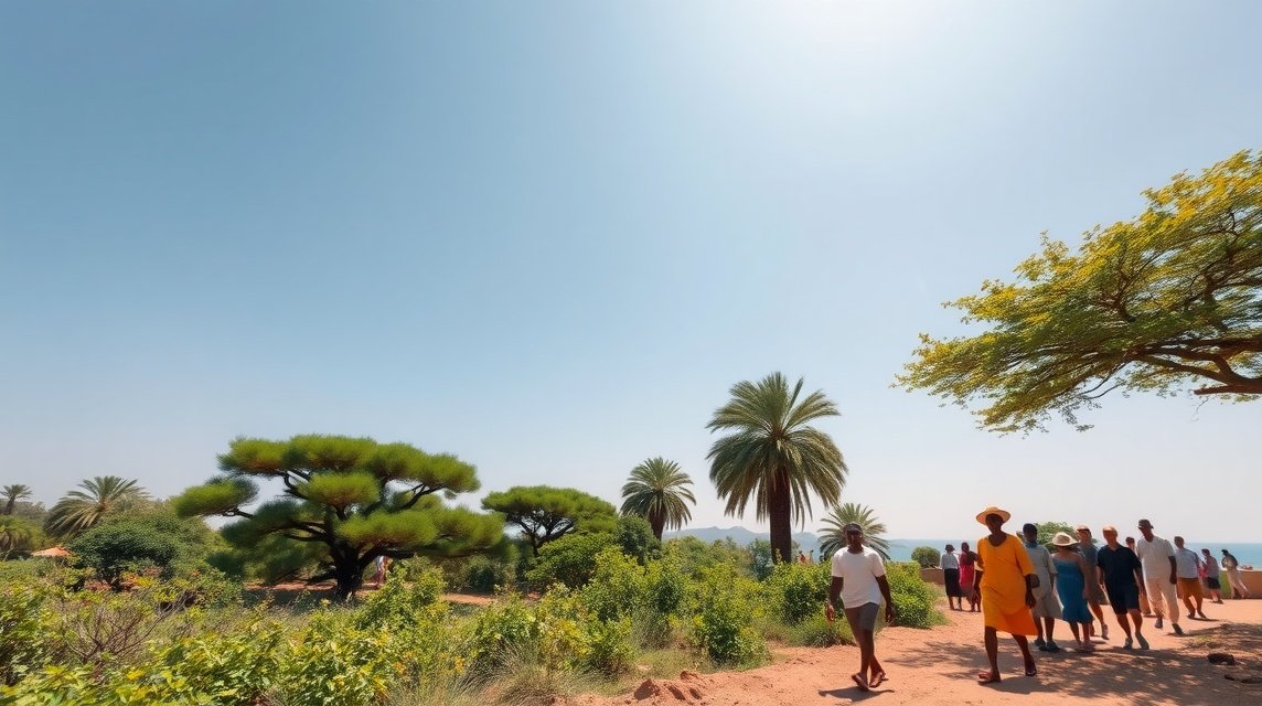 Bertoua tavaszi táj és emberek sétálnak trópusi környezetben.