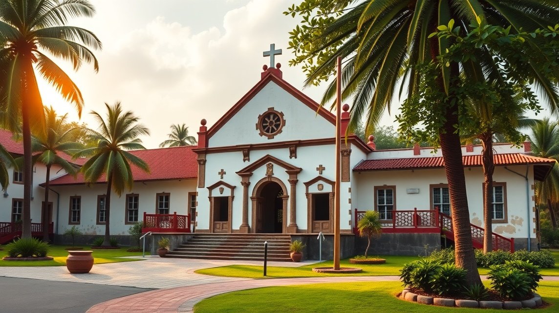 Bertoua katolikus misszió épületegyüttese zöld környezetben, gyönyörű fénnyel.