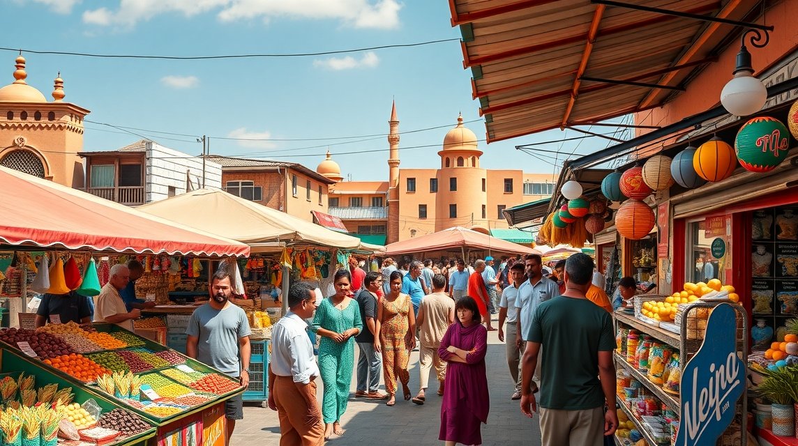 Bertoua központi piacának forgataga friss alapanyagokkal és fűszerekkel.