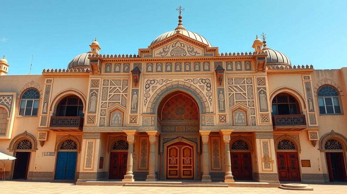 Bertoua mecset színes és részletes építészeti elemekkel.