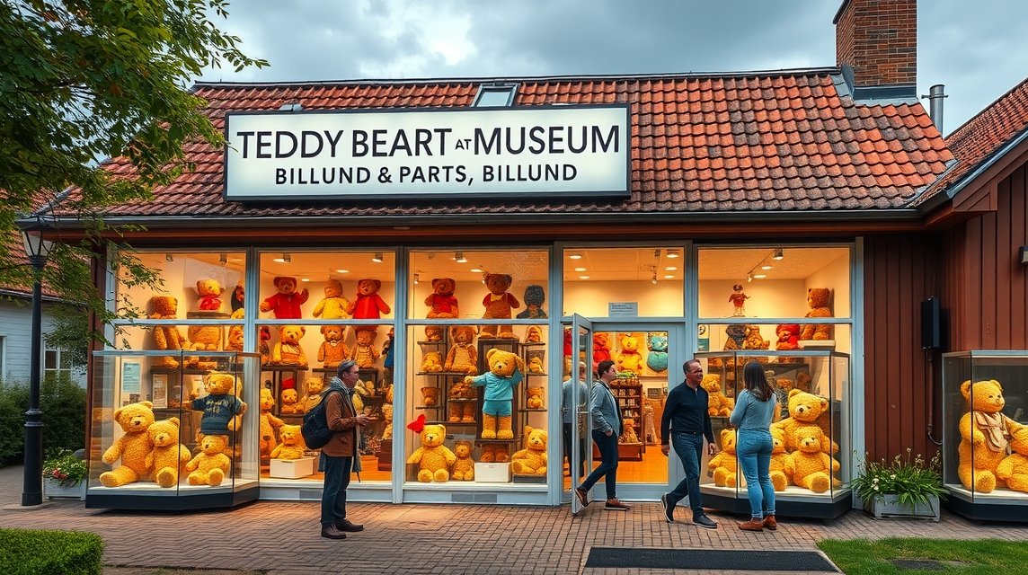 Játékmaci Múzeum bejárata Billund városában, sok macival.