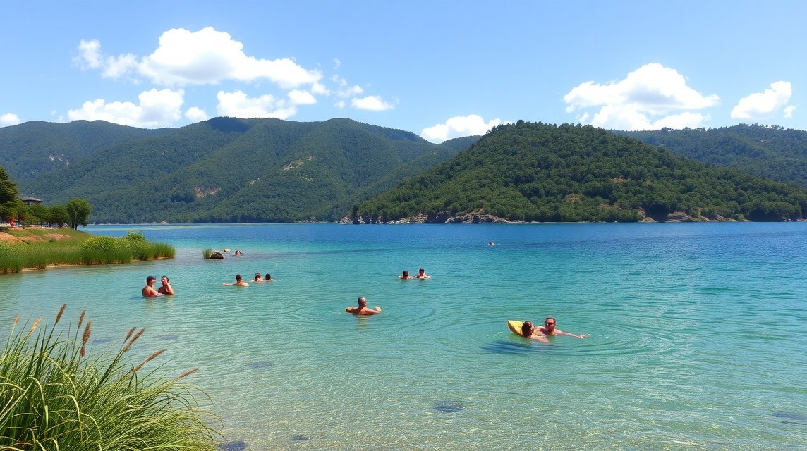 Tóban úszó emberek a napfényben, gyönyörű környezetben