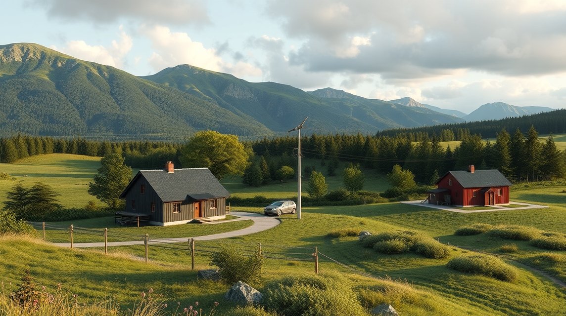 Két vidéki ház gyönyörű tájban, zöld dombokkal és fák alatt.