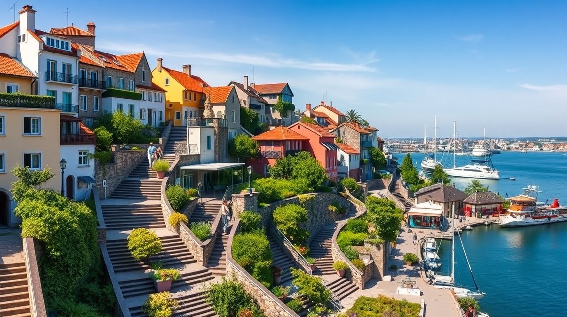 Blankenese lépcsőnegyede Hamburgban, mediterrán falura emlékeztető teraszos házakkal.