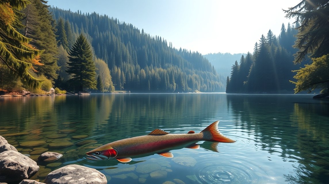 Kristálytiszta vízű tó pisztránggal Svájc erdőjében