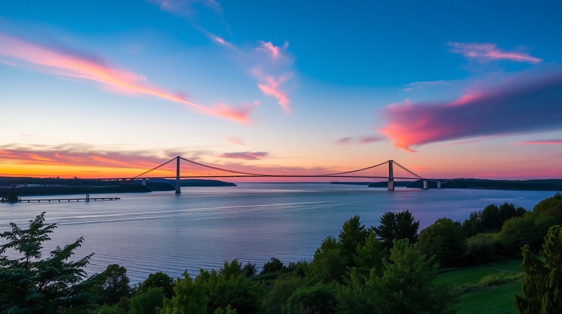 Nagy-Bælt híd Boeslundéból naplementében