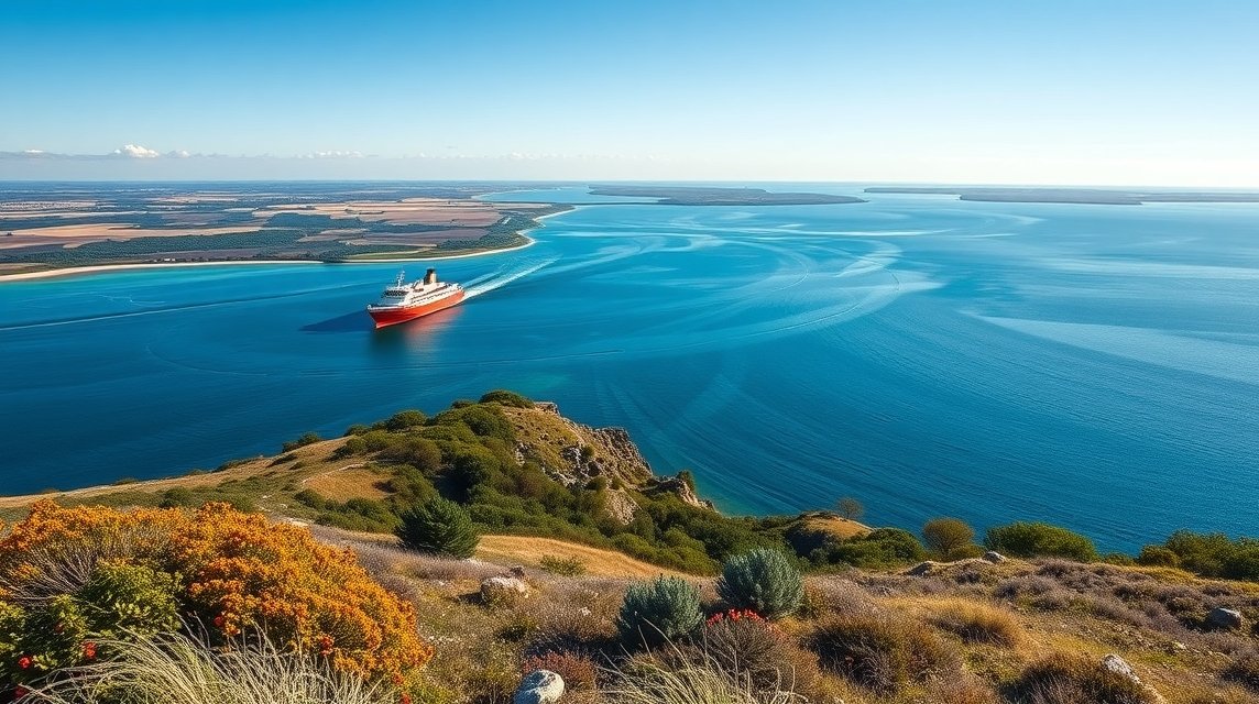 Kép egy kompról, amely Agersø szigete felé halad a gyönyörű vízen.