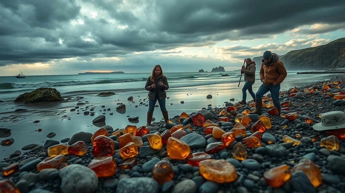 Borbostyánvadászat a tengerparton: gyűjtők a hullámok között.