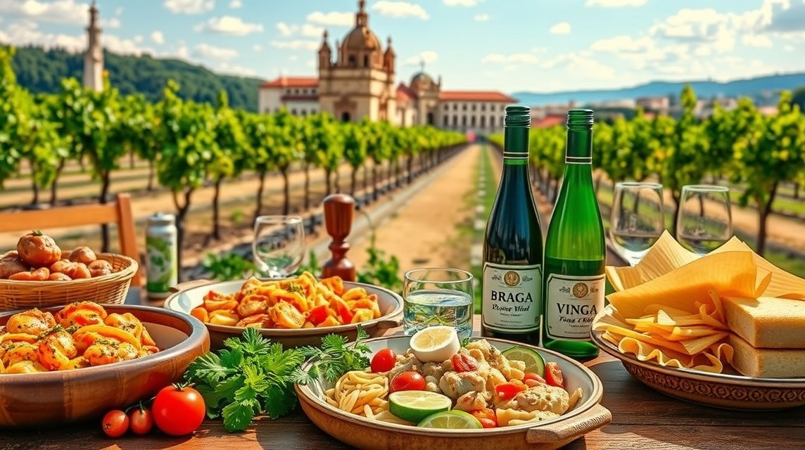 Helyi ételek és Vinho Verde borok Braga gyönyörű szőlőskertjében