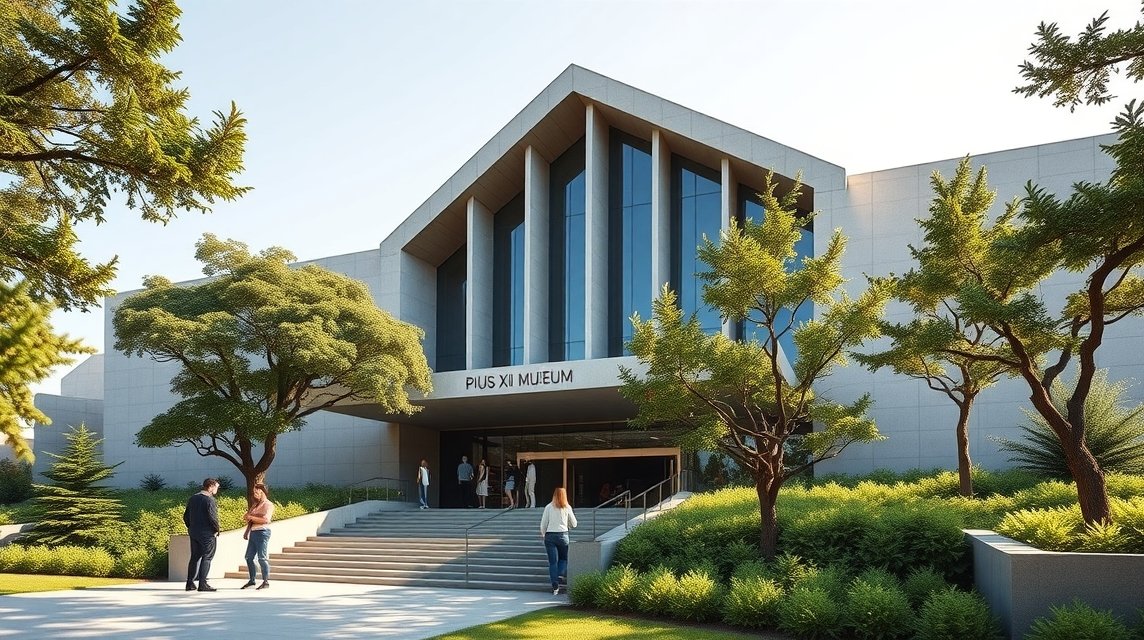 Piusz Múzeum bejárata Braga, Portugália zöld környezetben.