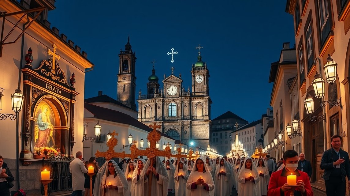 Braga Nagyhét körmenet éjszakai fényben, vallásos hagyományok és ünneplés.