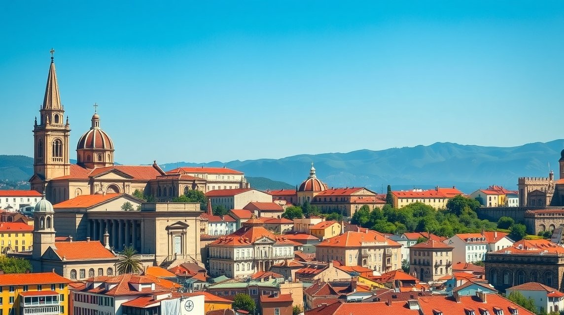 Braga város látképe a templomokkal és hegyekkel