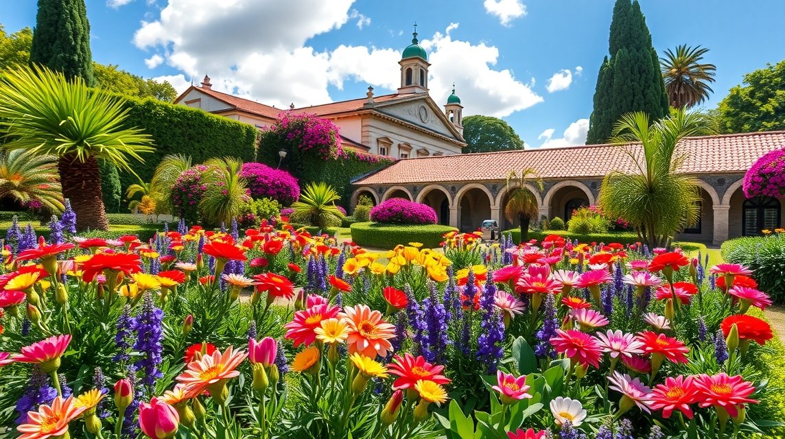Színes virágok a Braga Santa Barbara kertjében, gyönyörű kilátással.