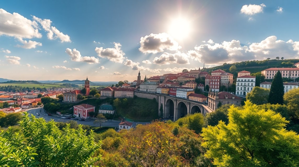 Braga város panorámája a napfényben, gyönyörű épületekkel és zöld növényzettel.