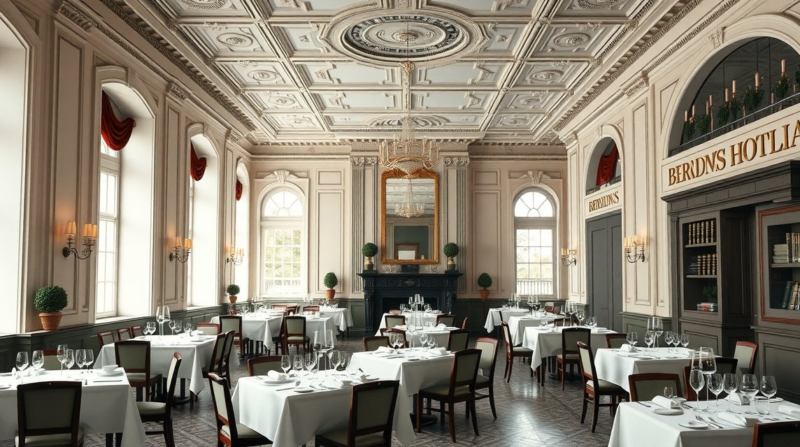 A Brøndums Hotel történelmi ebédlője elegáns kialakítással.