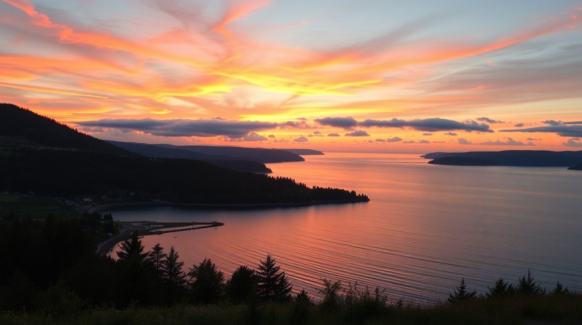 Lélegzetelállító naplemente a Limfjord felett Brovst-nál.