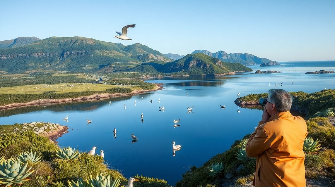 Madárles a Torskevig-öböl ben, gyönyörű táj és vízimadarak.
