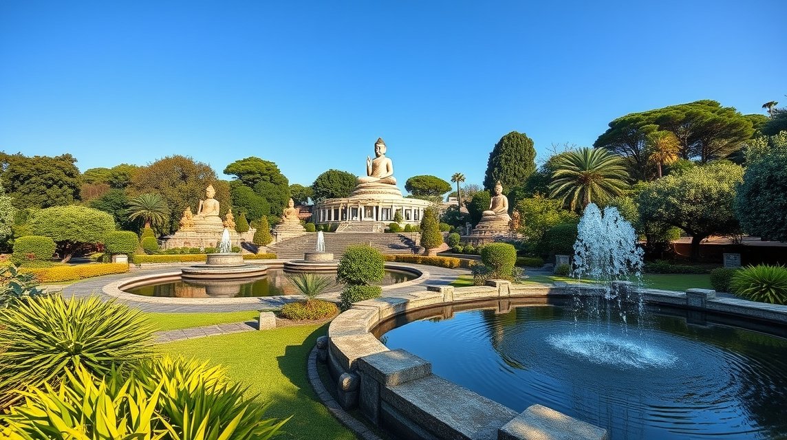 A Buddha Eden Garden lenyűgöző tája Buddha-szobrokkal és tavakkal.