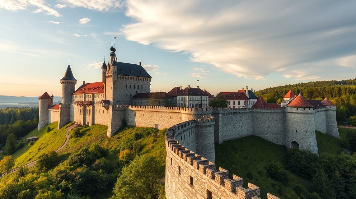Burghausen vára és a világ leghosszabb várfalai a naplementében