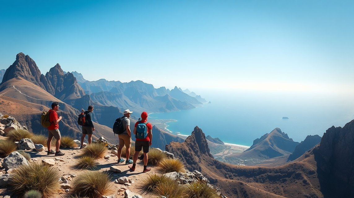 Felnőttek túráznak a Mount Solmar csúcsán Cabo San Lucas közelében.