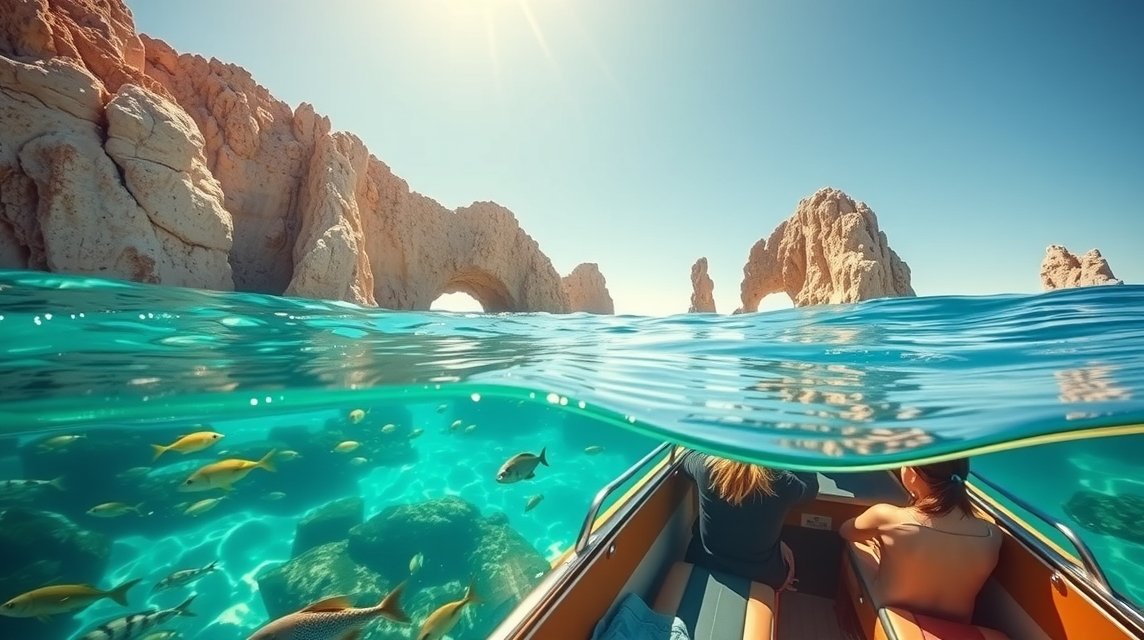 Üvegfenekű csónakkal felfedezett tenger alatti élet Cabo San Lucasban