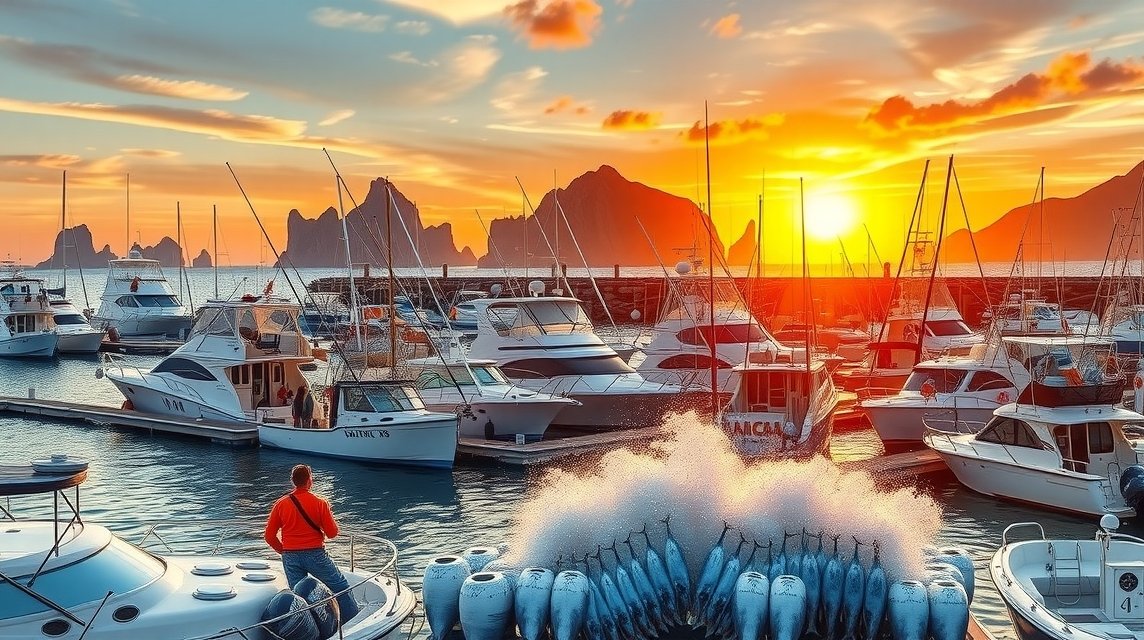 Naplemente a Cabo San Lucas kikötőjében, halászati hajókkal és csodás tájjal.