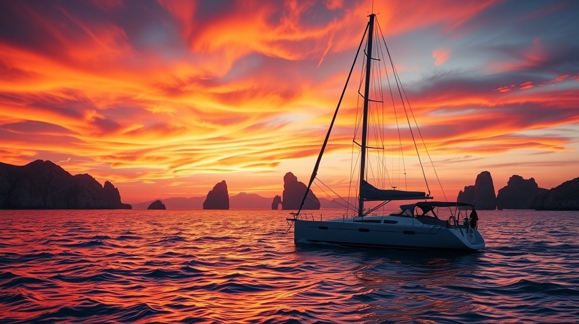 Naplementés vitorlázás Cabo San Lucasban a Csendes-óceánon.