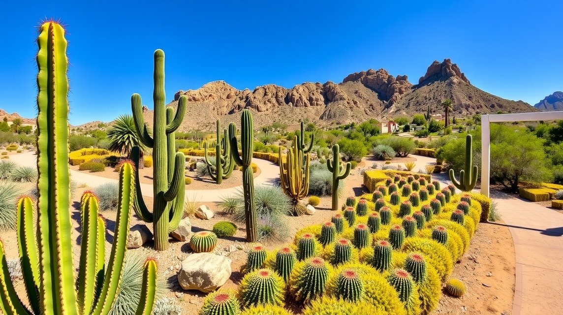 Wirikuta Botanikus Kert látványa Cabo San Lucasban, kaktuszokkal és sivatagi növényekkel.
