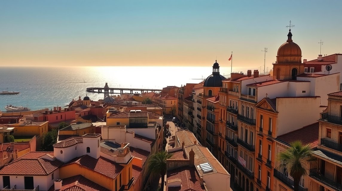 Cádiz városának panorámája, aranyló tengerparttal és ódon épületekkel.