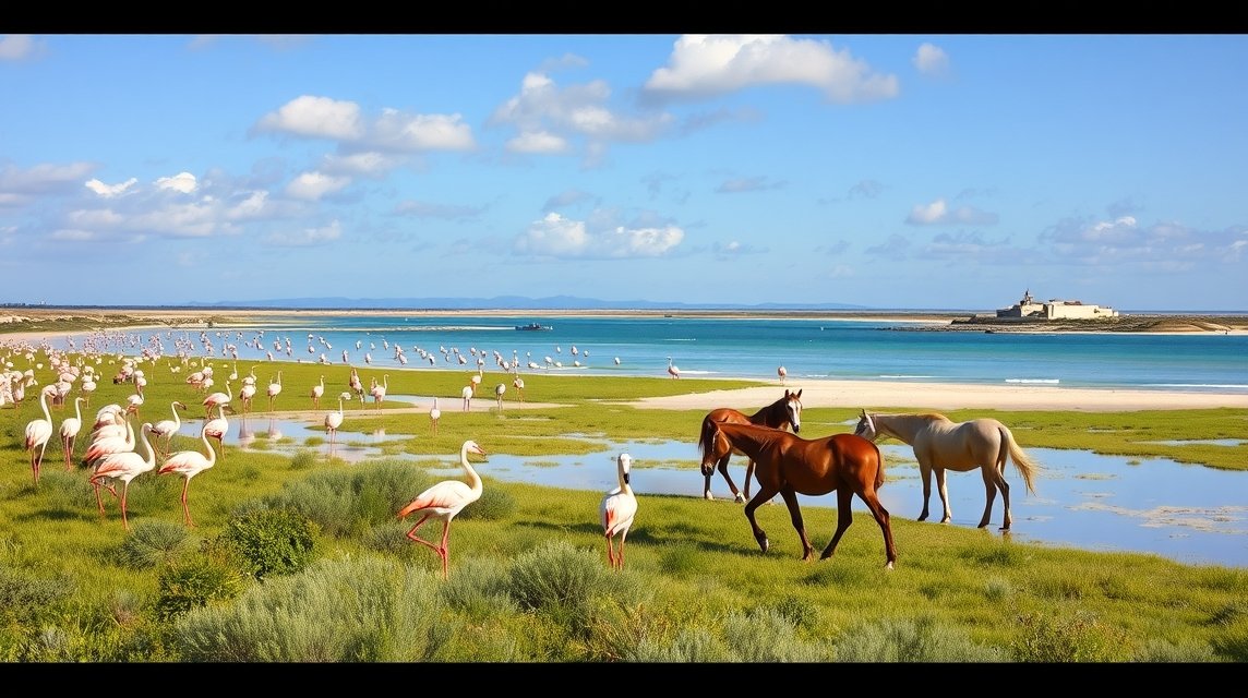 Camargue táj flamingókkal és fehér lovakkal Saintes-Maries-de-la-Mer-ben