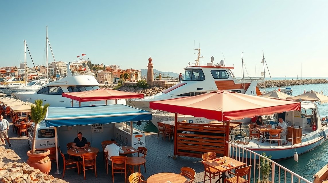 Cambrils kikötői éttermek tengerparti terasszal és hajókkal