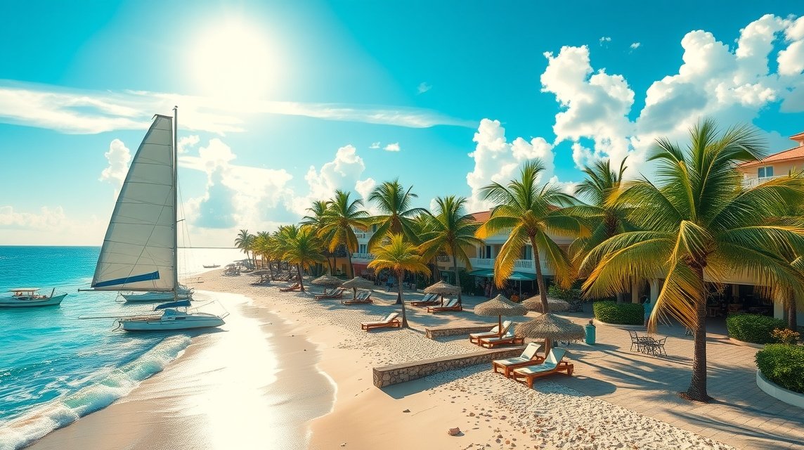 Cancún tengerparti látkép vitorlással és pálmákkal