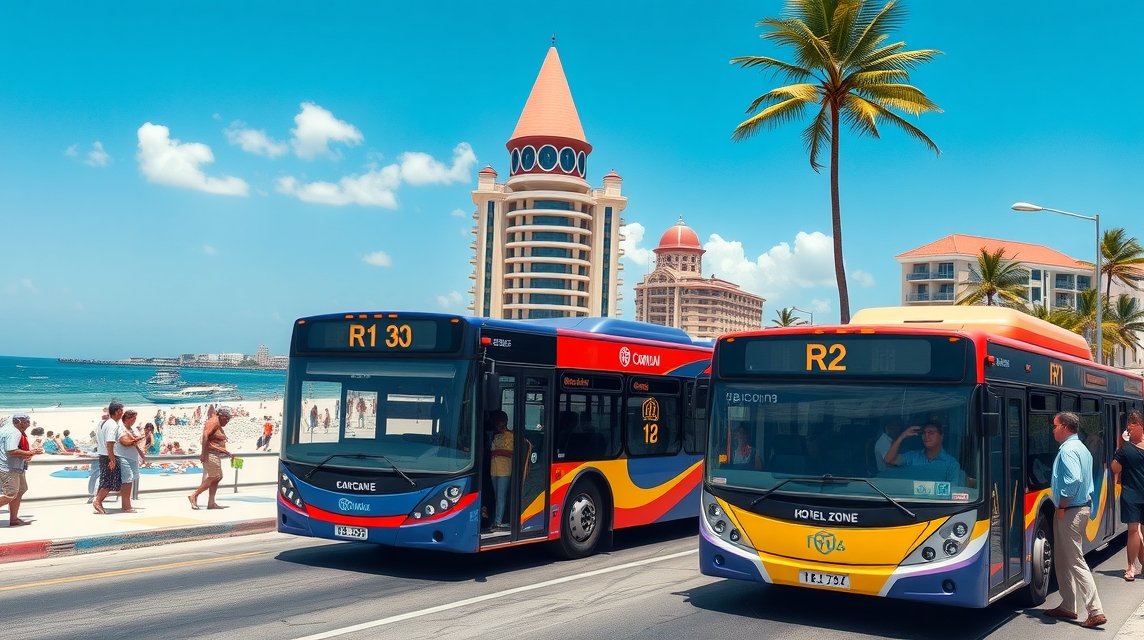 R1 és R2 buszok a Cancún hotelzónában, tengerpart mellett.