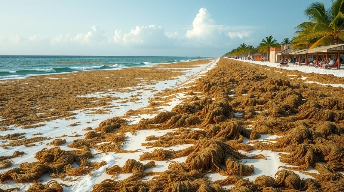 Szargasszum tengeri hínár Cancúnban, strandokon felgyülemlik