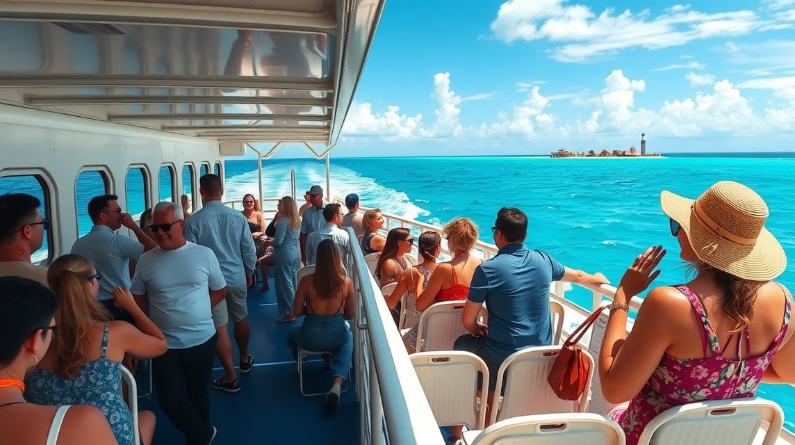 Komp utazás Cancúnból Isla Mujeresre türkiz víz mellett