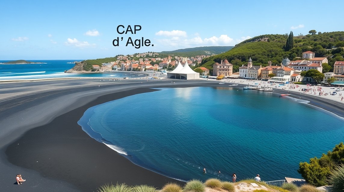 Cap d’Agde lenyűgöző strandja fekete vulkáni homokkal és tiszta vízzel.