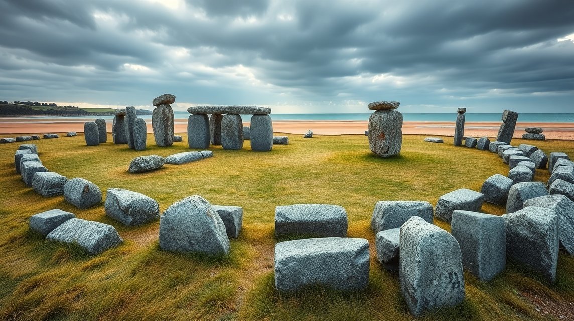 Carnac megalitikus kősorok a homokos tengerpart mellett