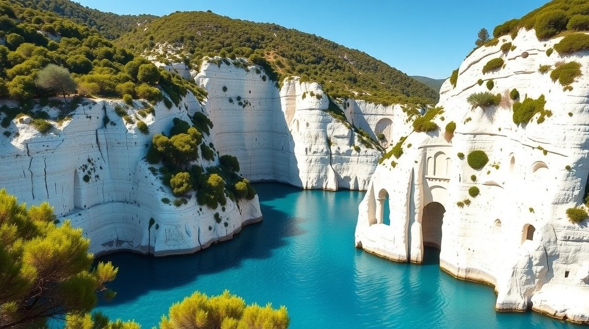 Hófehér sziklafalak és türkiz öböl a Calanques Nemzeti Parkban