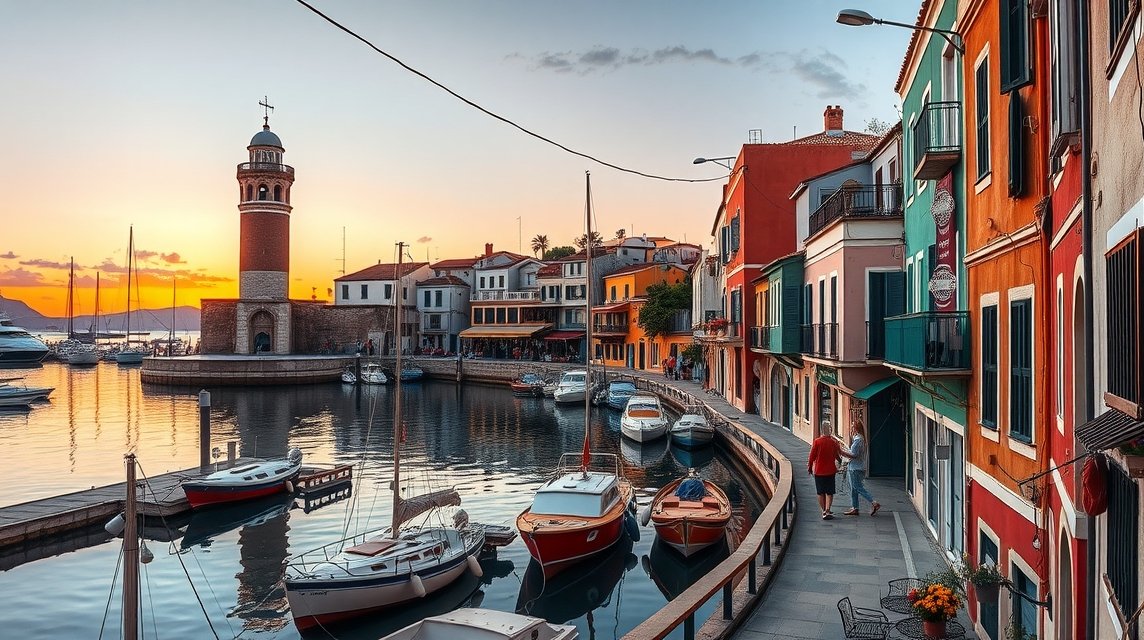 Romantikus sikátorok és velencei kikötő Chaniaban naplementében.