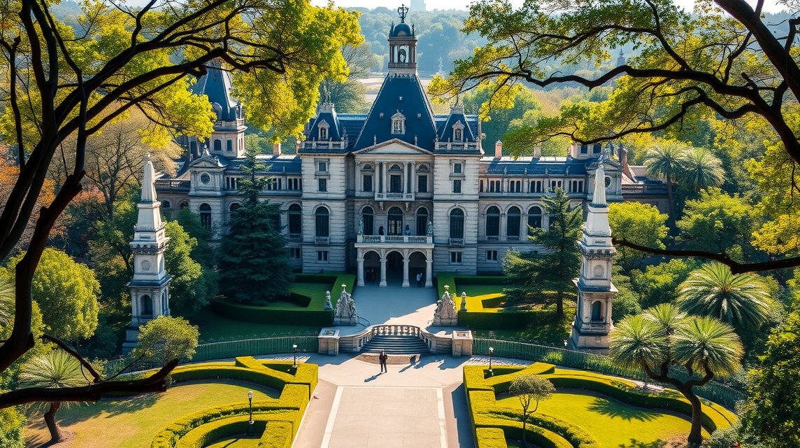 A Chapultepec kastély látképe Mexikóvárosban zöld környezetben.