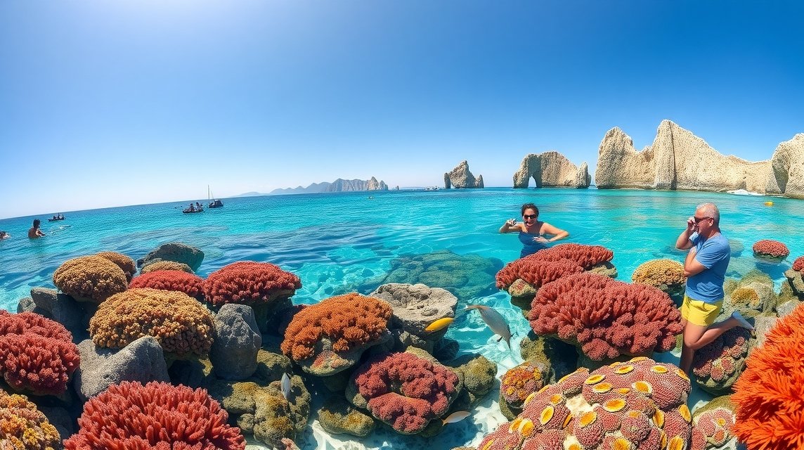 Sznorkelezés a Chileno Bay korallzátonya között Cabo San Lucasban.