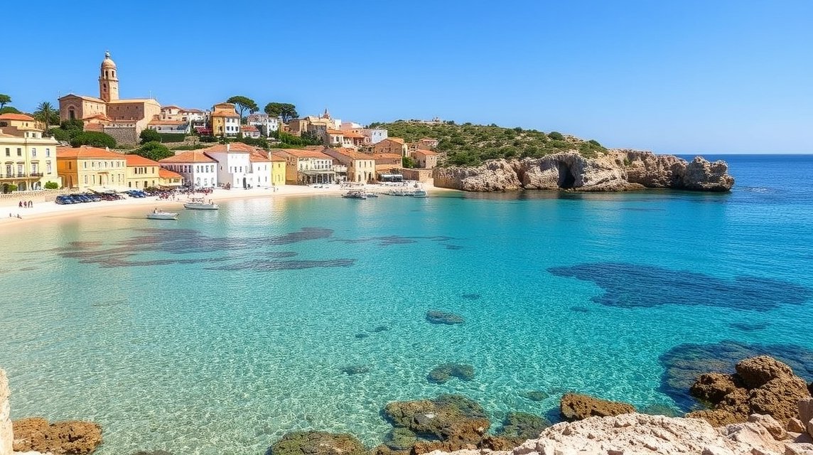 Gyönyörű látkép a Ciutadelláról, Menorca érintetlen öbleivel és napfényes tengerével.