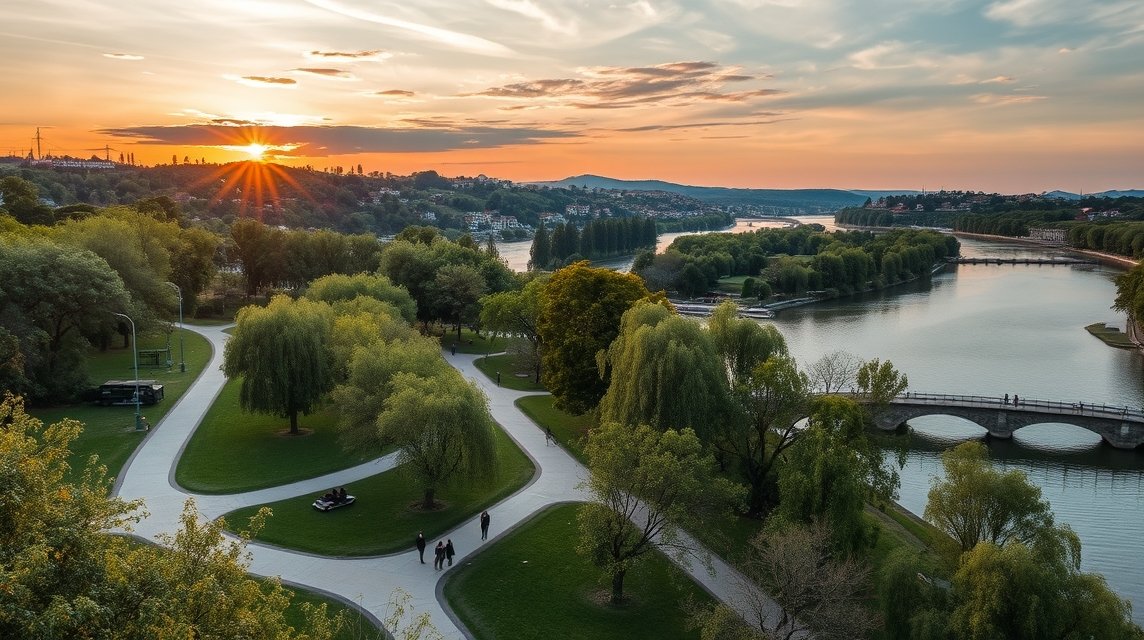 Naplemente a Mondego folyónál, Parque Verde zöld területén.