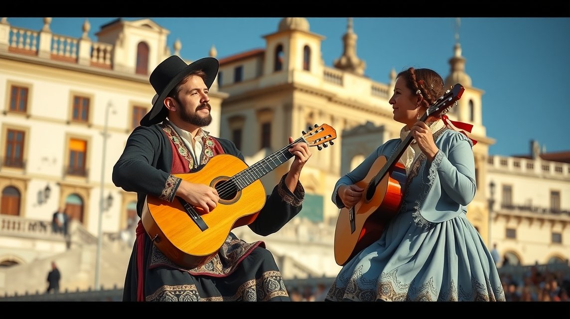 Két zenész coimbrai fado előadás közben, hagyományos öltözetben.